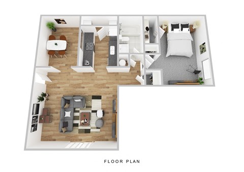 a stylized floor plan with a bedroom and a living room